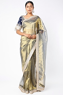 Metallic Gold Embroidered Saree Set by Shikhar Sharma-METALLICS