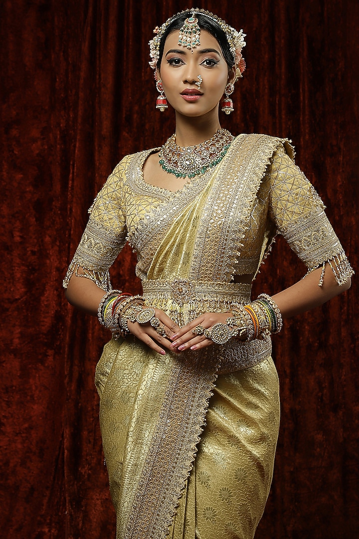 Gold Banarasi Embroidered Wedding Saree Set by Shikhar Sharma at Pernia's Pop Up Shop