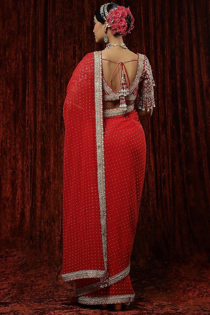 Red Georgette Embroidered Wedding Saree Set by Shikhar Sharma at Pernia's Pop Up Shop