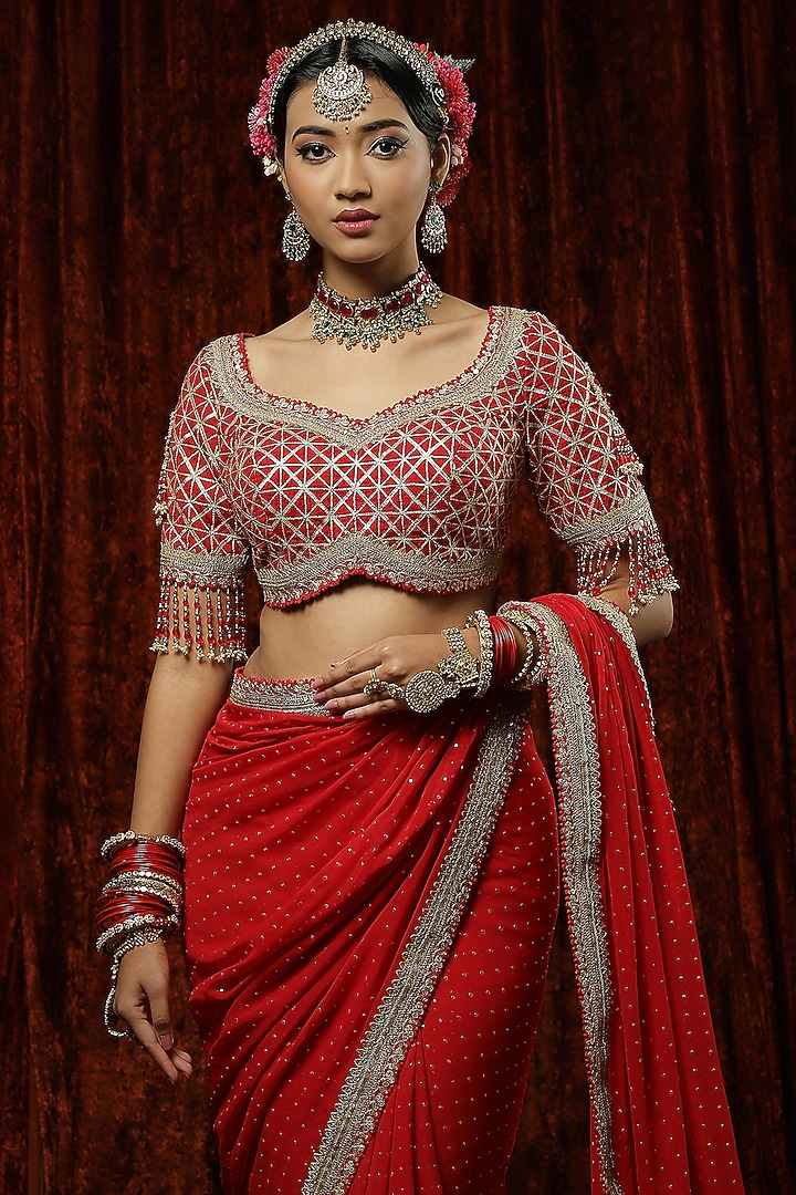Red Georgette Embroidered Wedding Saree Set by Shikhar Sharma at Pernia's Pop Up Shop