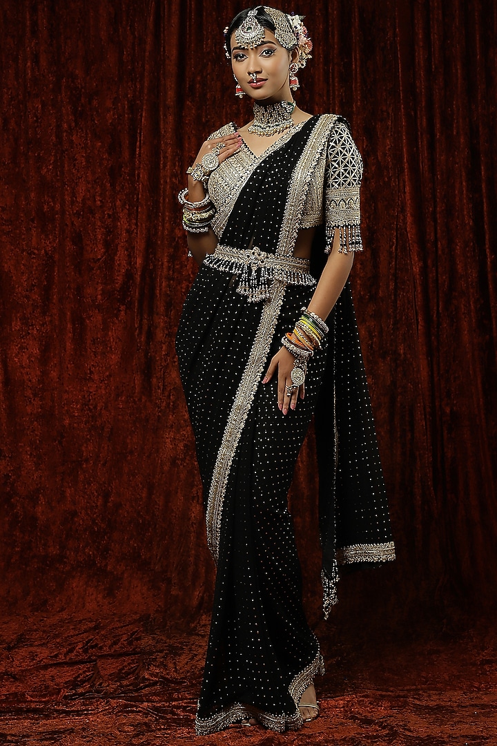 Black Georgette Embroidered Wedding Saree Set by Shikhar Sharma at Pernia's Pop Up Shop