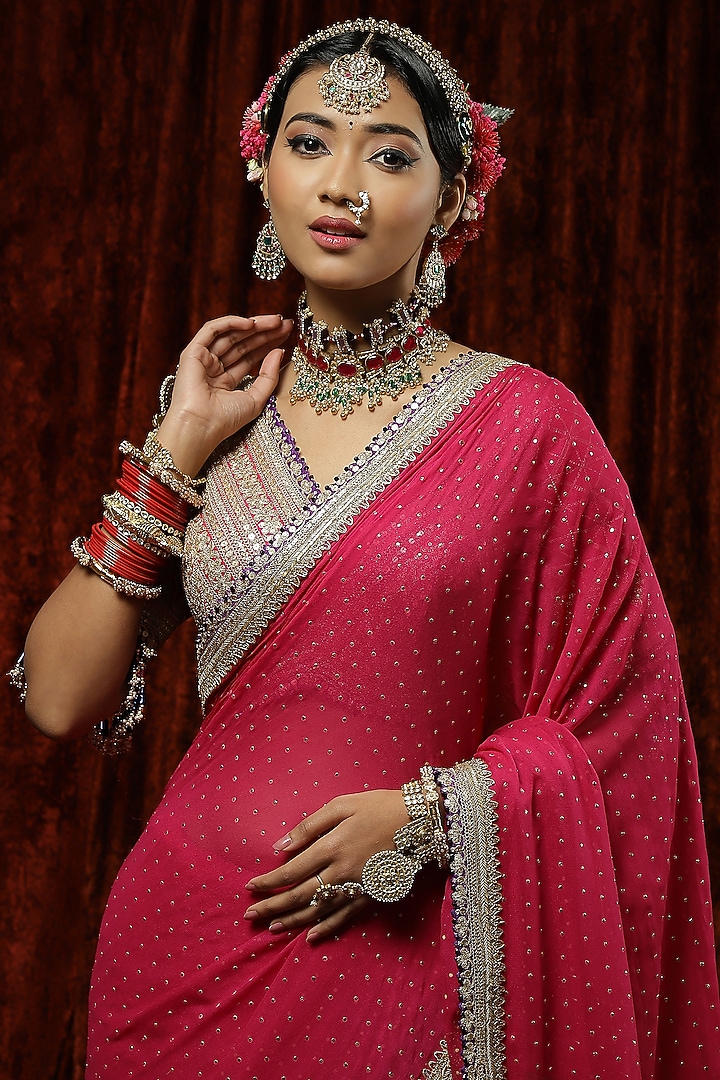 Rani Pink Georgette Embroidered Wedding Saree Set by Shikhar Sharma at Pernia's Pop Up Shop