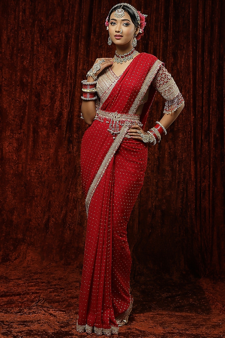 Crimson Red Georgette Embroidered Wedding Saree Set by Shikhar Sharma at Pernia's Pop Up Shop