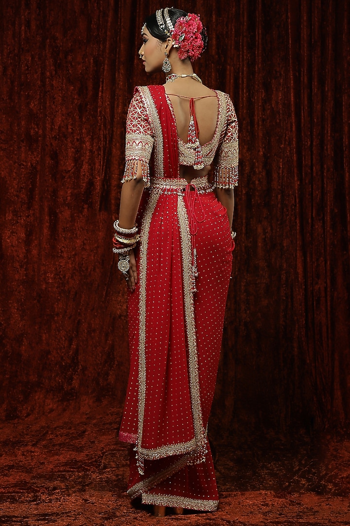 Crimson Red Georgette Embroidered Wedding Saree Set by Shikhar Sharma at Pernia's Pop Up Shop