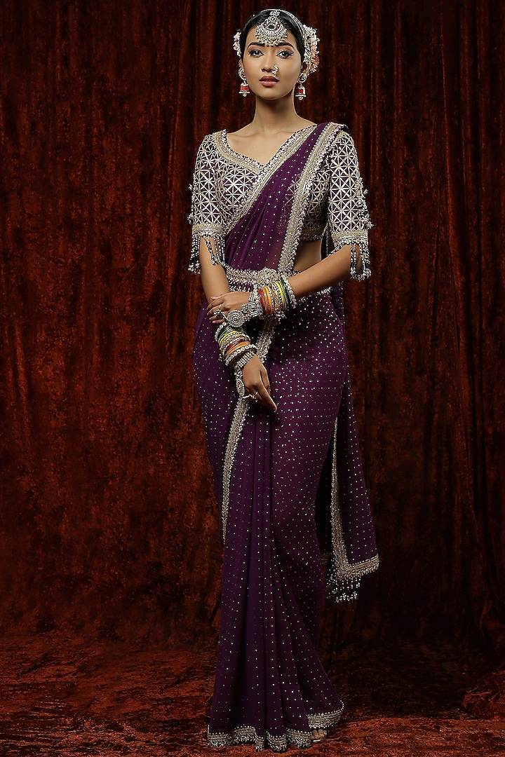Purple Georgette Embroidered Wedding Saree Set by Shikhar Sharma at Pernia's Pop Up Shop