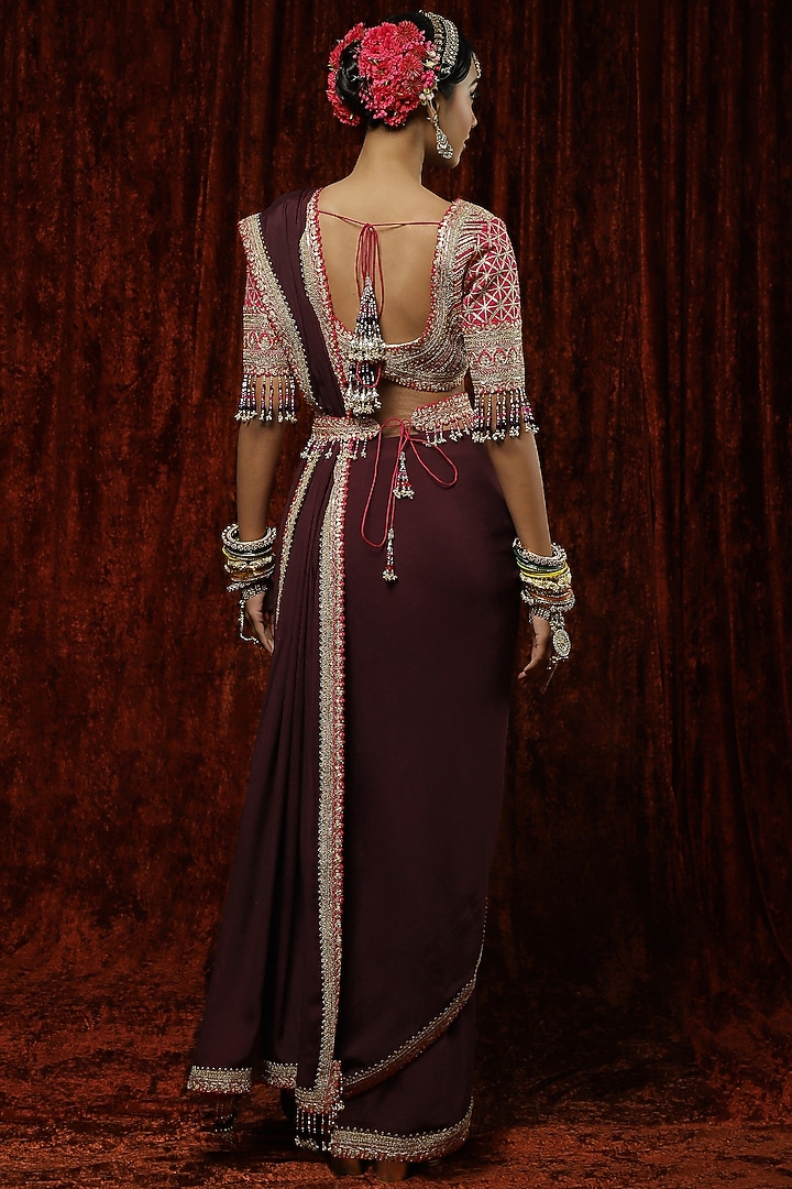 Dark Mauve Pure Crepe Embroidered Wedding Saree Set by Shikhar Sharma at Pernia's Pop Up Shop
