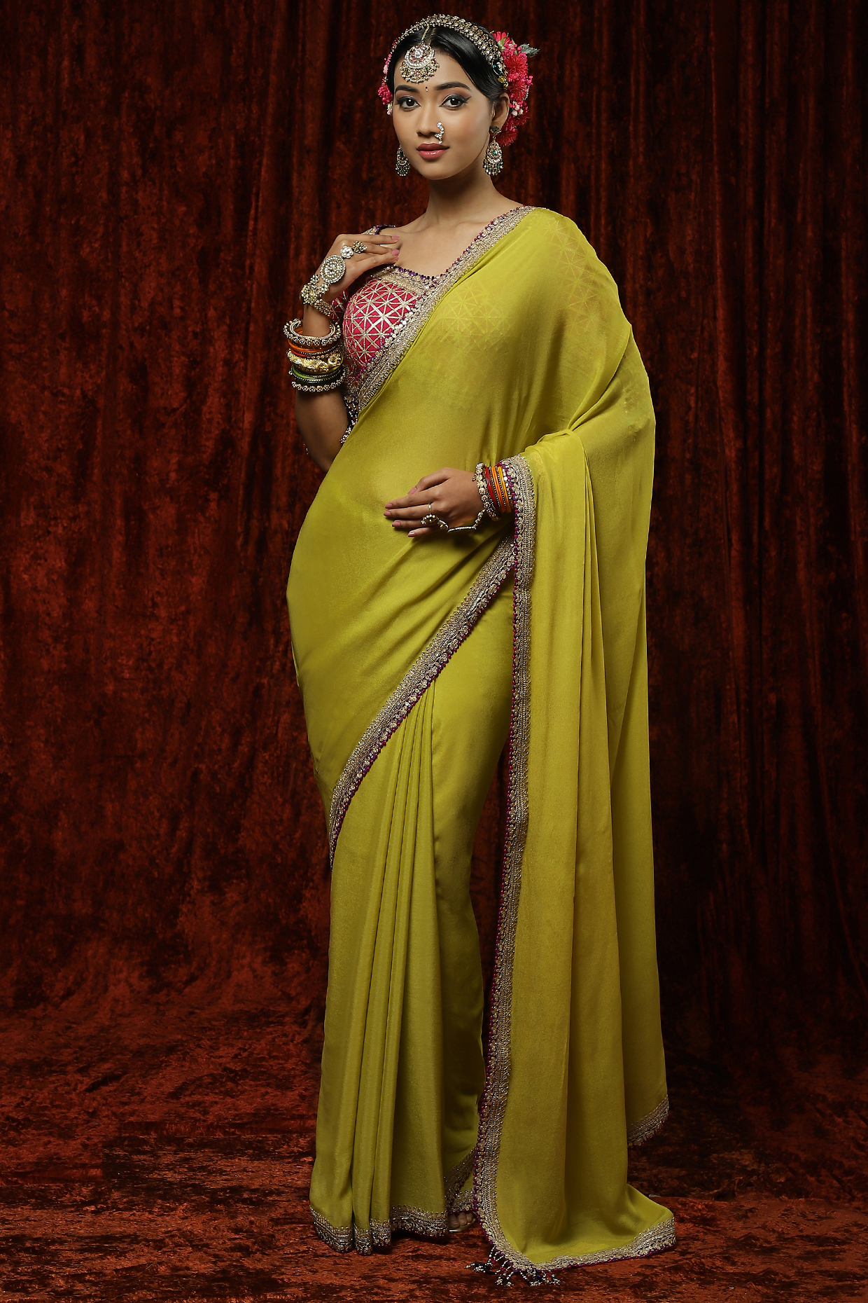 Lemon Green Pure Crepe Embroidered Wedding Saree Set by Shikhar Sharma at Pernia's Pop Up Shop