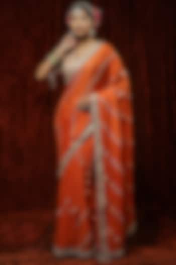 Orange Pure Crepe Pearl Embroidered Saree Set by Shikhar Sharma