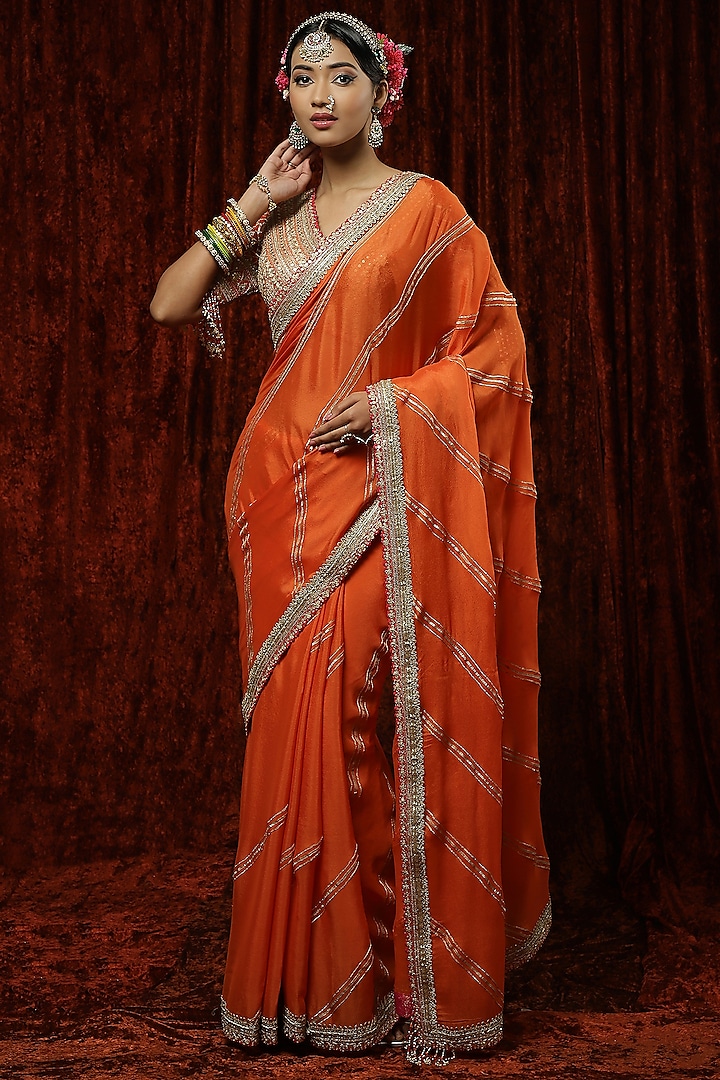 Orange Pure Crepe Pearl Embroidered Saree Set by Shikhar Sharma
