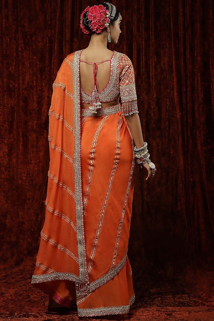 Orange Pure Crepe Pearl Embroidered Wedding Saree Set by Shikhar Sharma at Pernia's Pop Up Shop