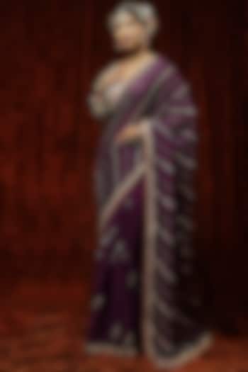 Purple Pure Crepe Embroidered Saree Set by Shikhar Sharma