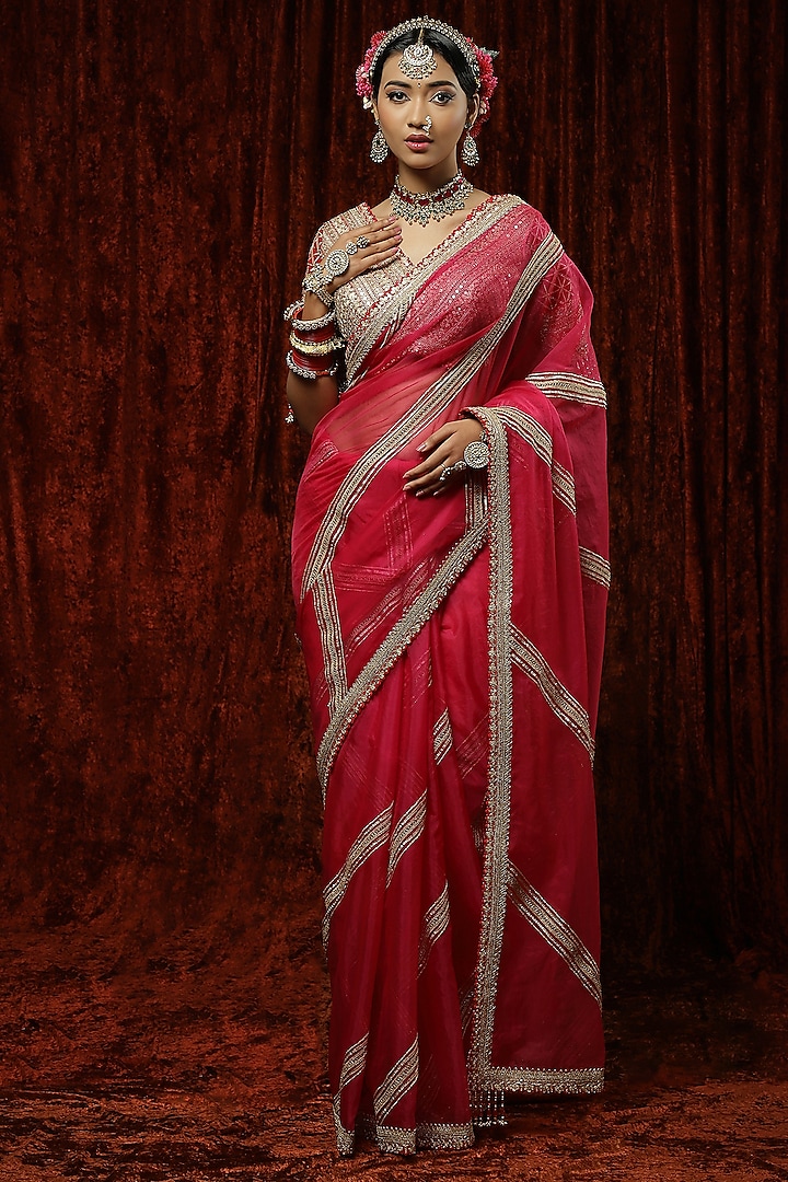 Rani Pink Organza Embroidered Saree Set by Shikhar Sharma