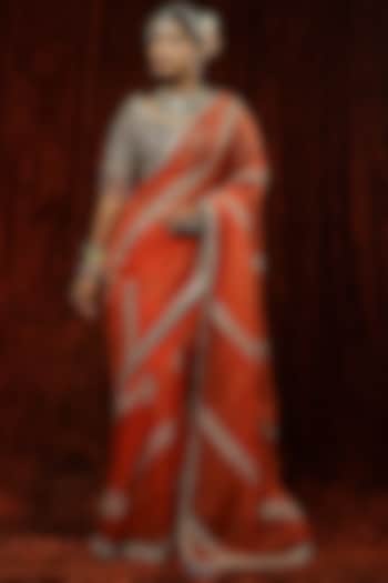 Orange Pure Organza Embroidered Wedding Saree Set by Shikhar Sharma at Pernia's Pop Up Shop