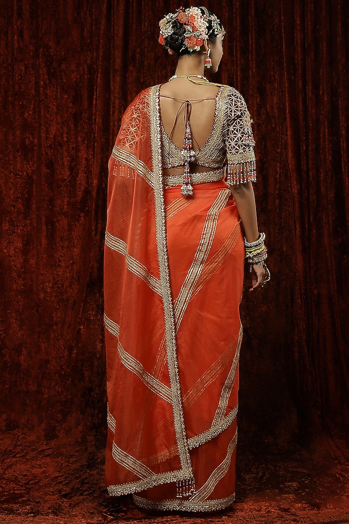 Orange Pure Organza Embroidered Wedding Saree Set by Shikhar Sharma at Pernia's Pop Up Shop