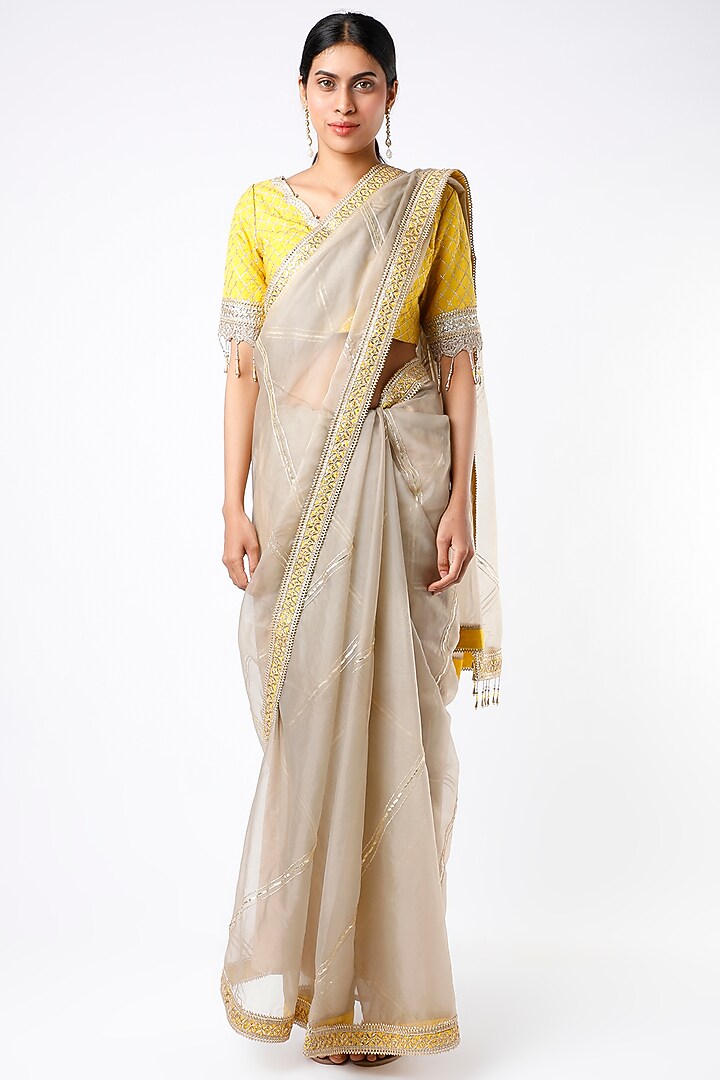 Mouse Beige Embroidered Party Wear Saree Set by Shikhar Sharma at Pernia's Pop Up Shop