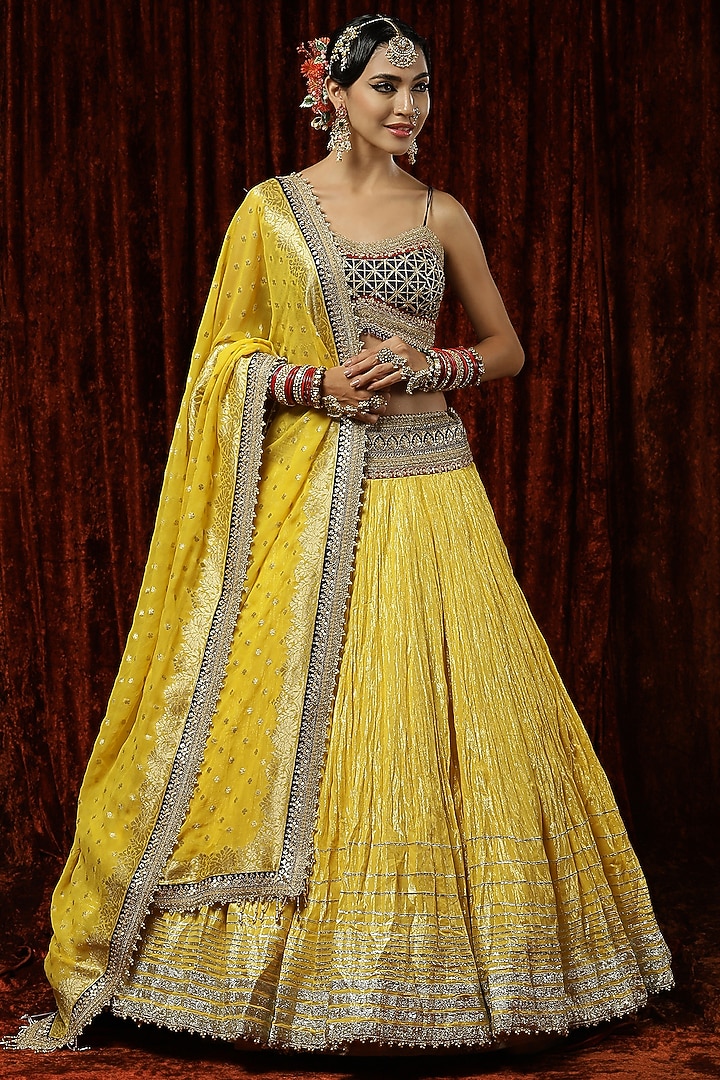 Yellow Cotton Shimmer Chanderi Gota Embroidered Wedding Lehenga Set by Shikhar Sharma at Pernia's Pop Up Shop