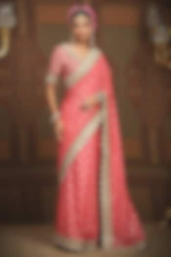 Punch Pink Chanderi Embroidered Saree Set by Shikhar Sharma