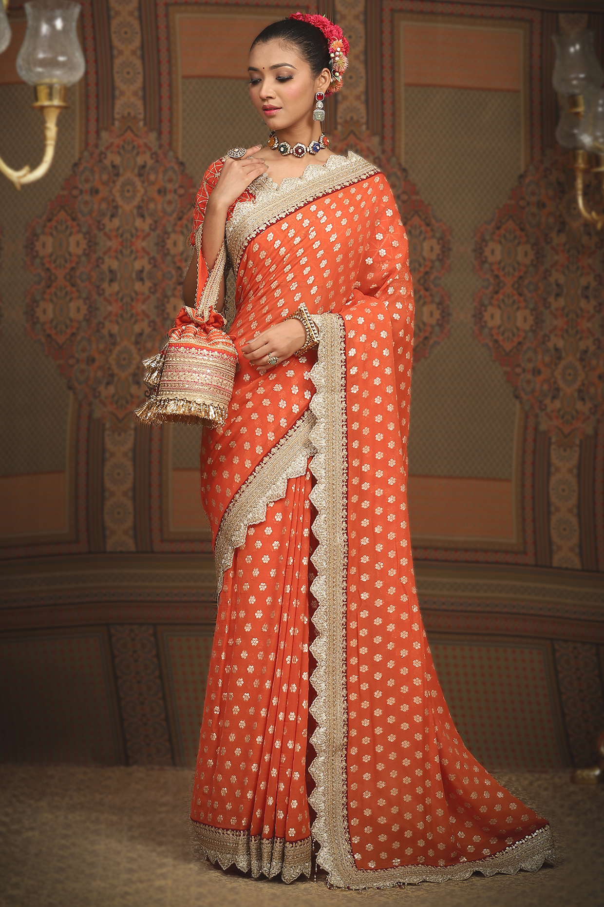 Orange Georgette Embroidered Wedding Saree Set by Shikhar Sharma at Pernia's Pop Up Shop