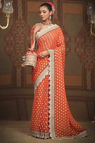 Orange Georgette Embroidered Saree Set by Shikhar Sharma