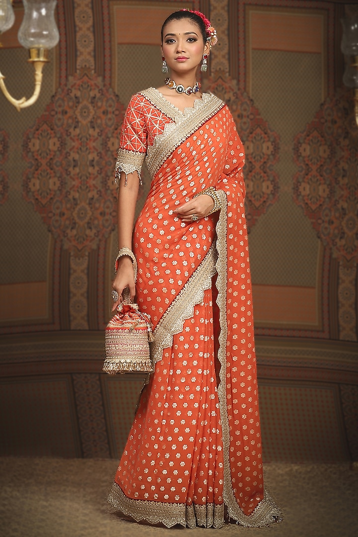 Orange Georgette Embroidered Wedding Saree Set by Shikhar Sharma at Pernia's Pop Up Shop