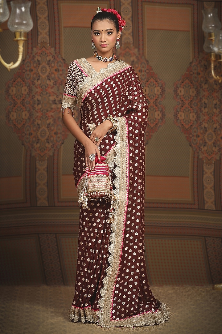 Maroon Georgette Embroidered Wedding Saree Set by Shikhar Sharma at Pernia's Pop Up Shop