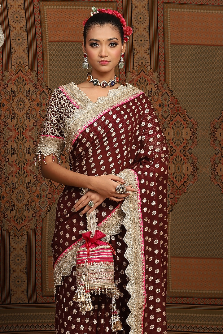 Maroon Georgette Embroidered Wedding Saree Set by Shikhar Sharma at Pernia's Pop Up Shop