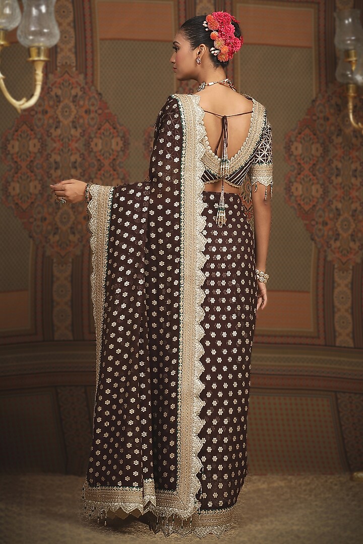 Dark Brown Georgette Embroidered Wedding Saree Set by Shikhar Sharma at Pernia's Pop Up Shop