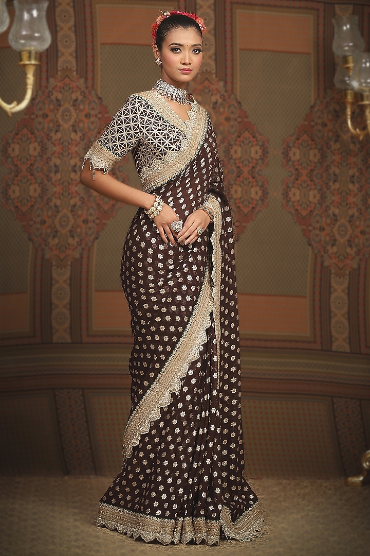 Dark Brown Georgette Embroidered Wedding Saree Set by Shikhar Sharma at Pernia's Pop Up Shop
