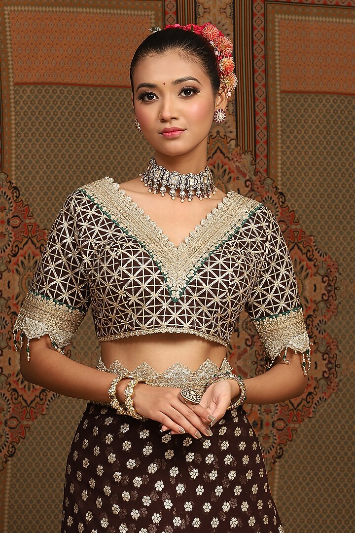 Dark Brown Georgette Embroidered Wedding Saree Set by Shikhar Sharma at Pernia's Pop Up Shop