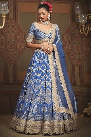 Electric Blue Banarasi Machine Embroidered Lehenga Set by Shikhar Sharma
