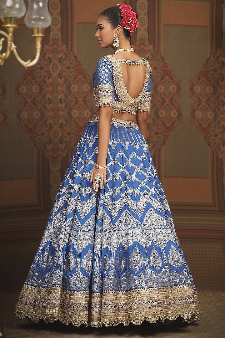 Electric Blue Banarasi Machine Embroidered Wedding Lehenga Set by Shikhar Sharma at Pernia's Pop Up Shop