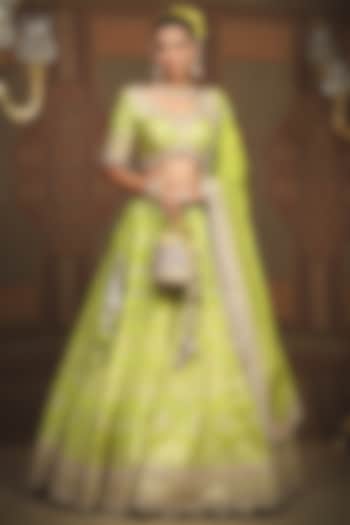 Dark Lemon Banarasi Machine Embroidered Wedding Lehenga Set by Shikhar Sharma at Pernia's Pop Up Shop
