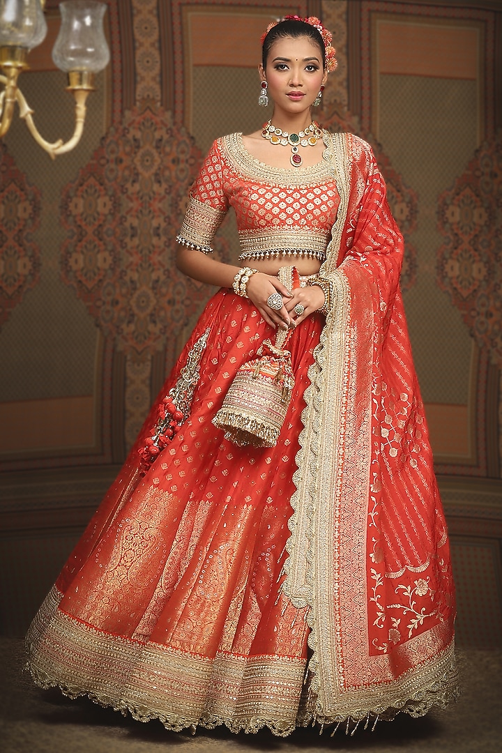 Orange Banarasi Machine Embroidered Wedding Lehenga Set by Shikhar Sharma at Pernia's Pop Up Shop