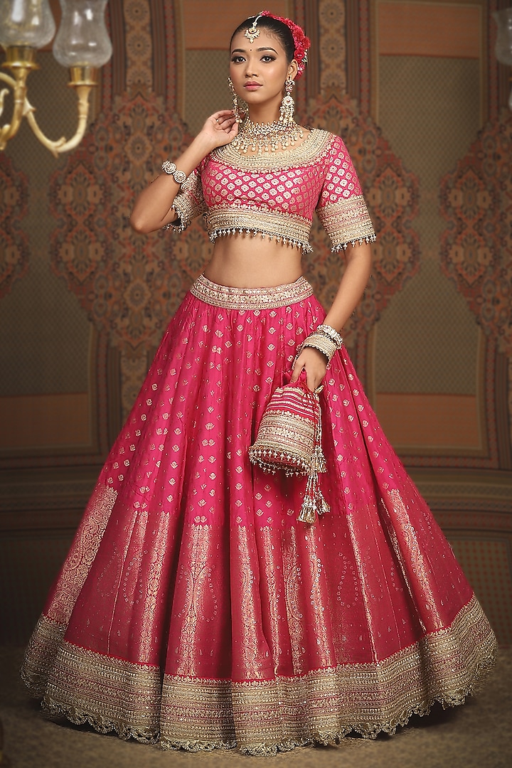 Rani Pink Banarasi Machine Embroidered Wedding Lehenga Set by Shikhar Sharma at Pernia's Pop Up Shop