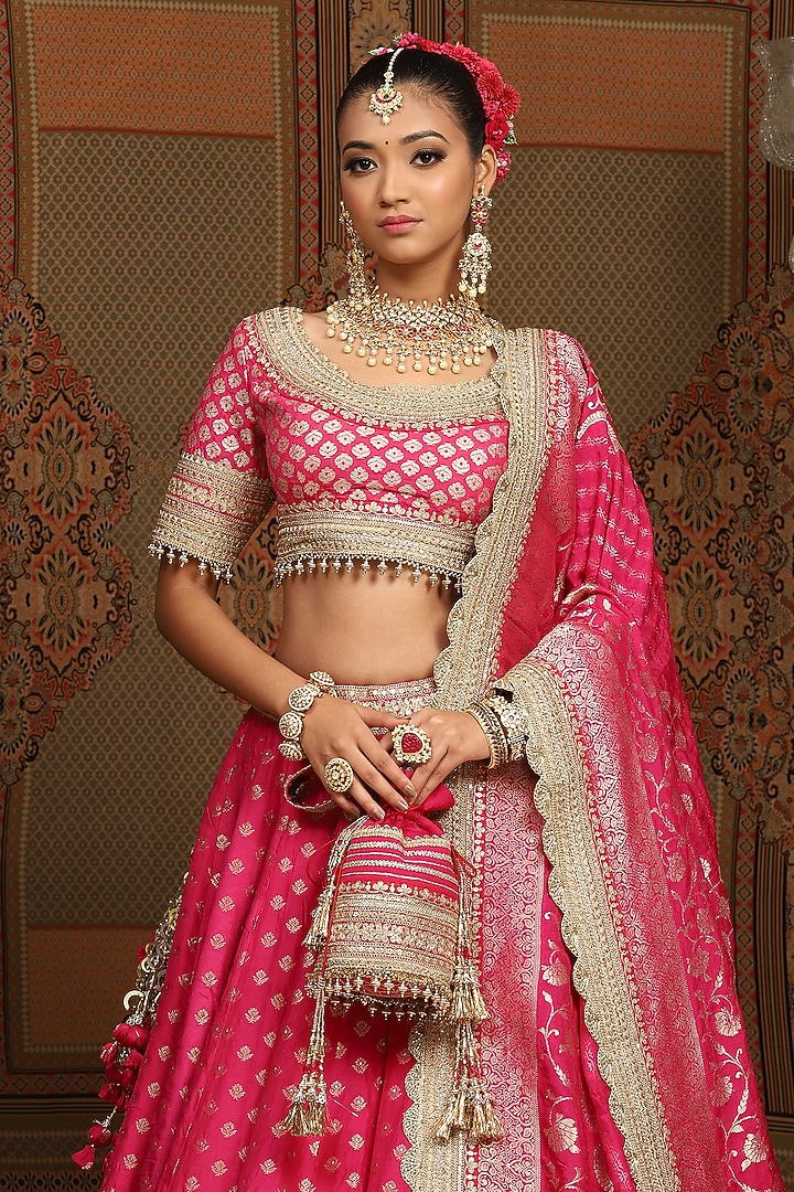 Rani Pink Banarasi Machine Embroidered Wedding Lehenga Set by Shikhar Sharma at Pernia's Pop Up Shop
