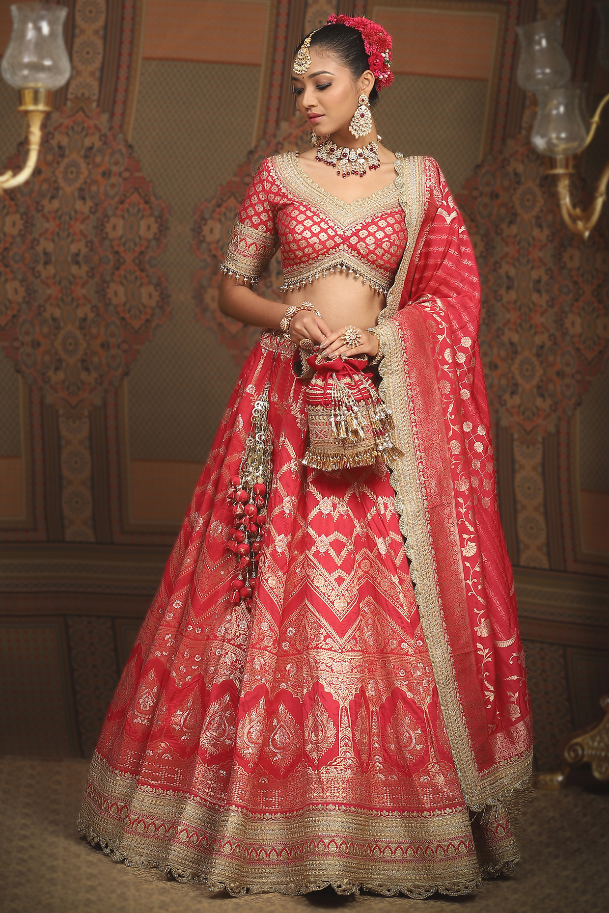 Rani Red Banarasi Machine Embroidered Wedding Lehenga Set by Shikhar Sharma at Pernia's Pop Up Shop