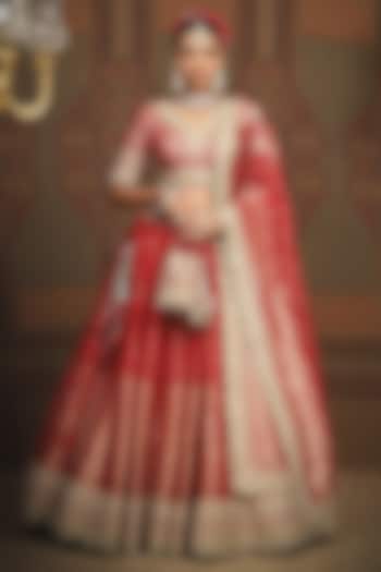 Red Banarasi Machine Embroidered Wedding Lehenga Set by Shikhar Sharma at Pernia's Pop Up Shop