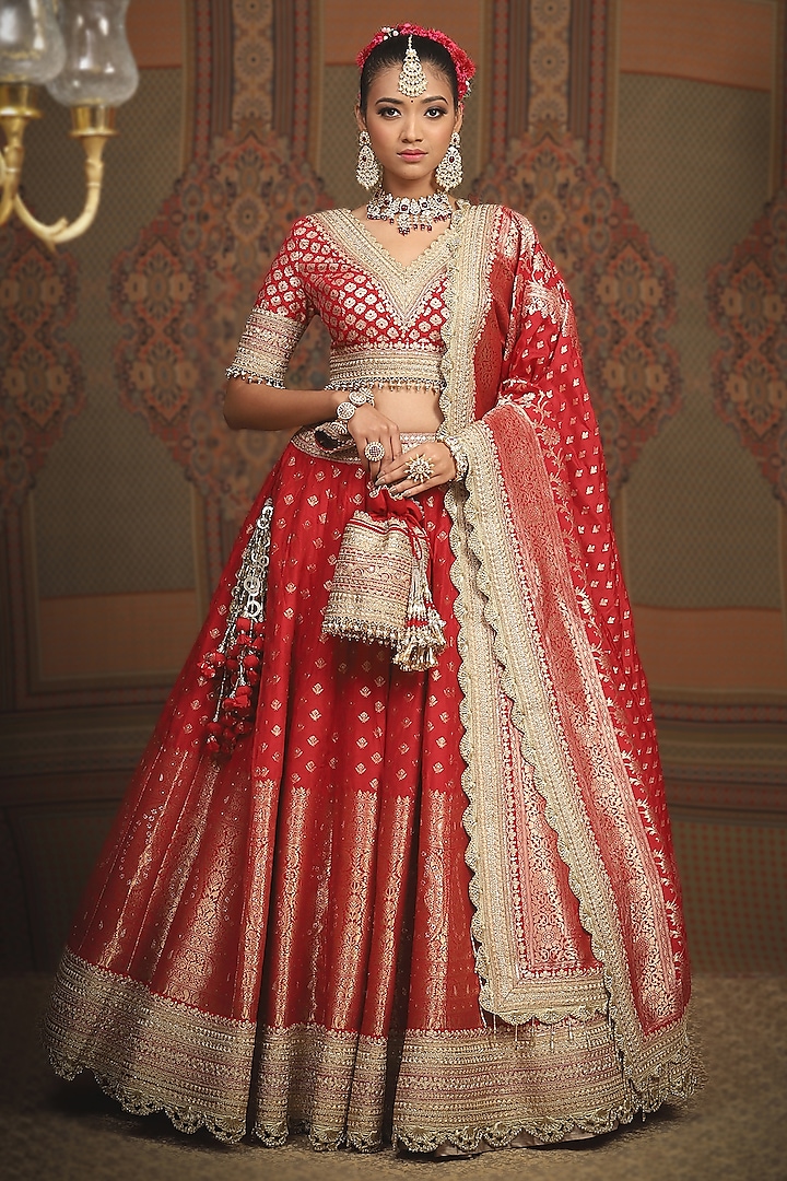 Red Banarasi Machine Embroidered Wedding Lehenga Set by Shikhar Sharma at Pernia's Pop Up Shop