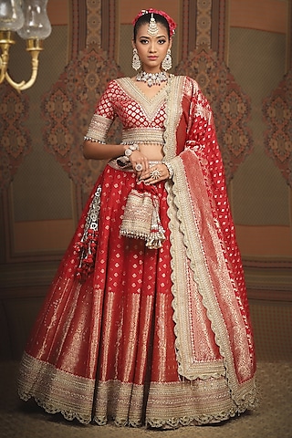 Red Banarasi Machine Embroidered Lehenga Set by Shikhar Sharma