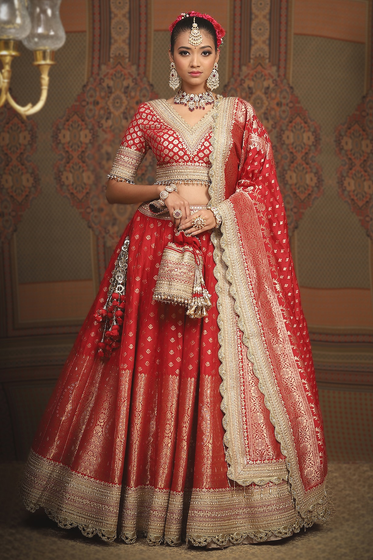 Red Banarasi Machine Embroidered Wedding Lehenga Set by Shikhar