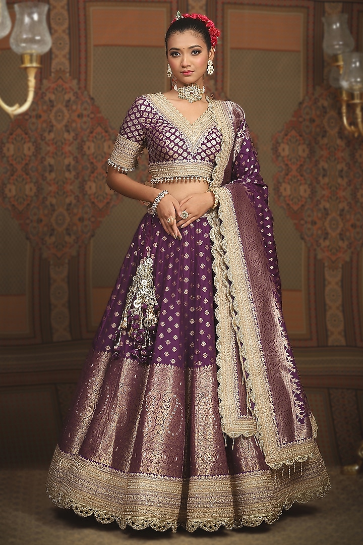 Dark Purple Red Banarasi Machine Embroidered Wedding Lehenga Set by Shikhar Sharma at Pernia's Pop Up Shop