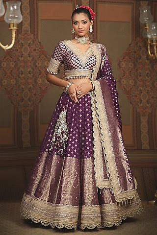 Dark Purple Red Banarasi Machine Embroidered Lehenga Set by Shikhar Sharma
