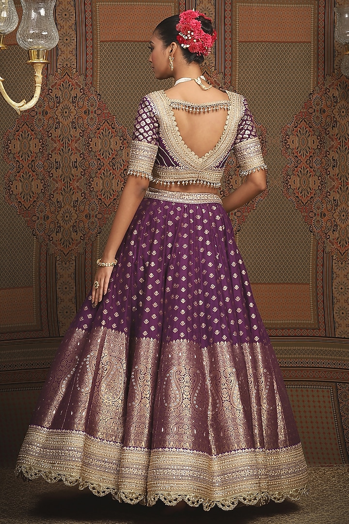 Dark Purple Red Banarasi Machine Embroidered Wedding Lehenga Set by Shikhar Sharma at Pernia's Pop Up Shop