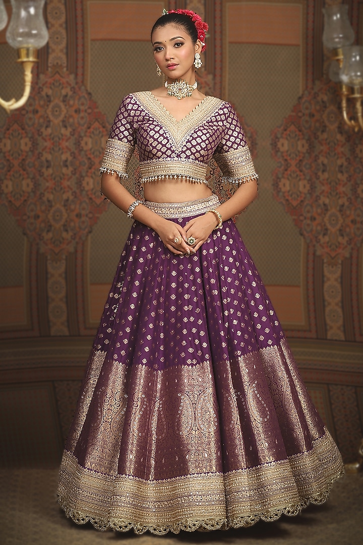 Dark Purple Red Banarasi Machine Embroidered Wedding Lehenga Set by Shikhar Sharma at Pernia's Pop Up Shop