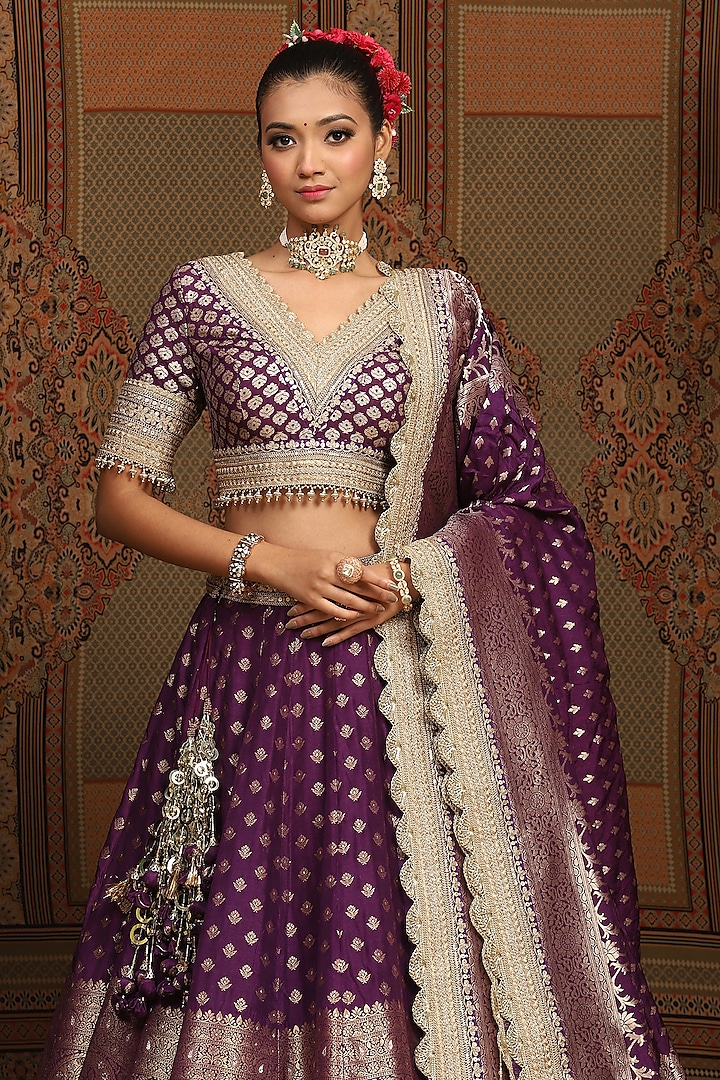 Dark Purple Red Banarasi Machine Embroidered Wedding Lehenga Set by Shikhar Sharma at Pernia's Pop Up Shop
