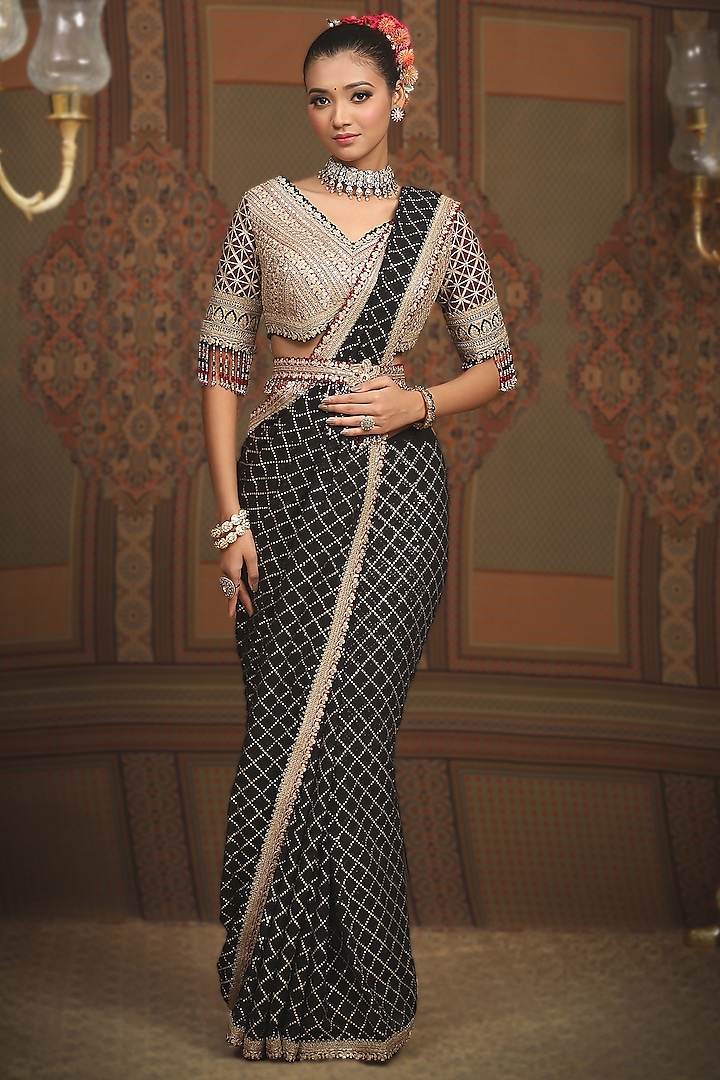Black Georgette Gota & Dori Embroidered Wedding Saree Set by Shikhar Sharma at Pernia's Pop Up Shop