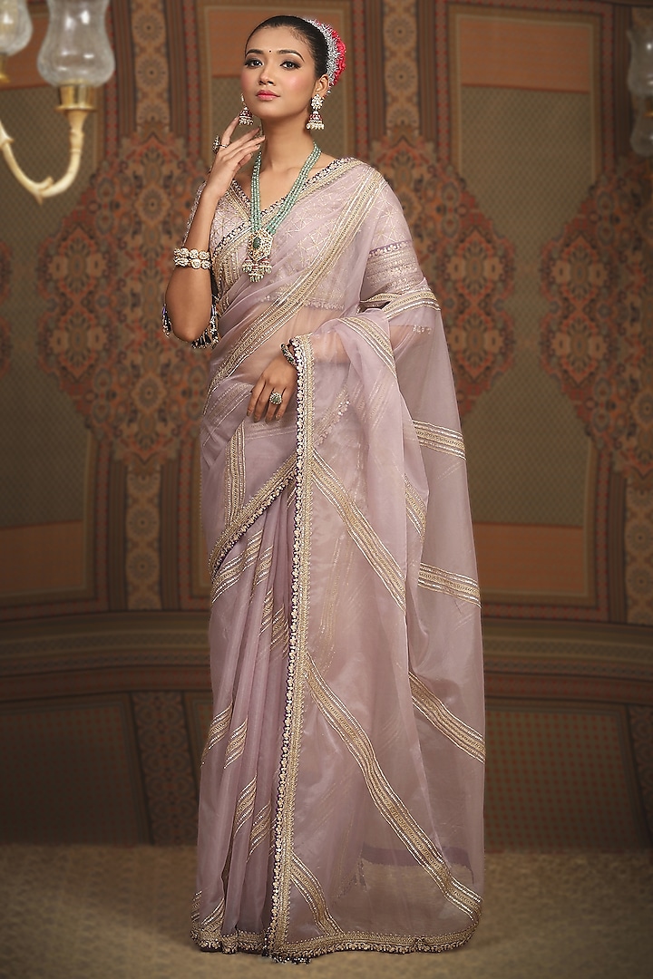 Light Purple Silk Organza Gota & Dori Embroidered Leheriya Wedding Saree Set by Shikhar Sharma at Pernia's Pop Up Shop