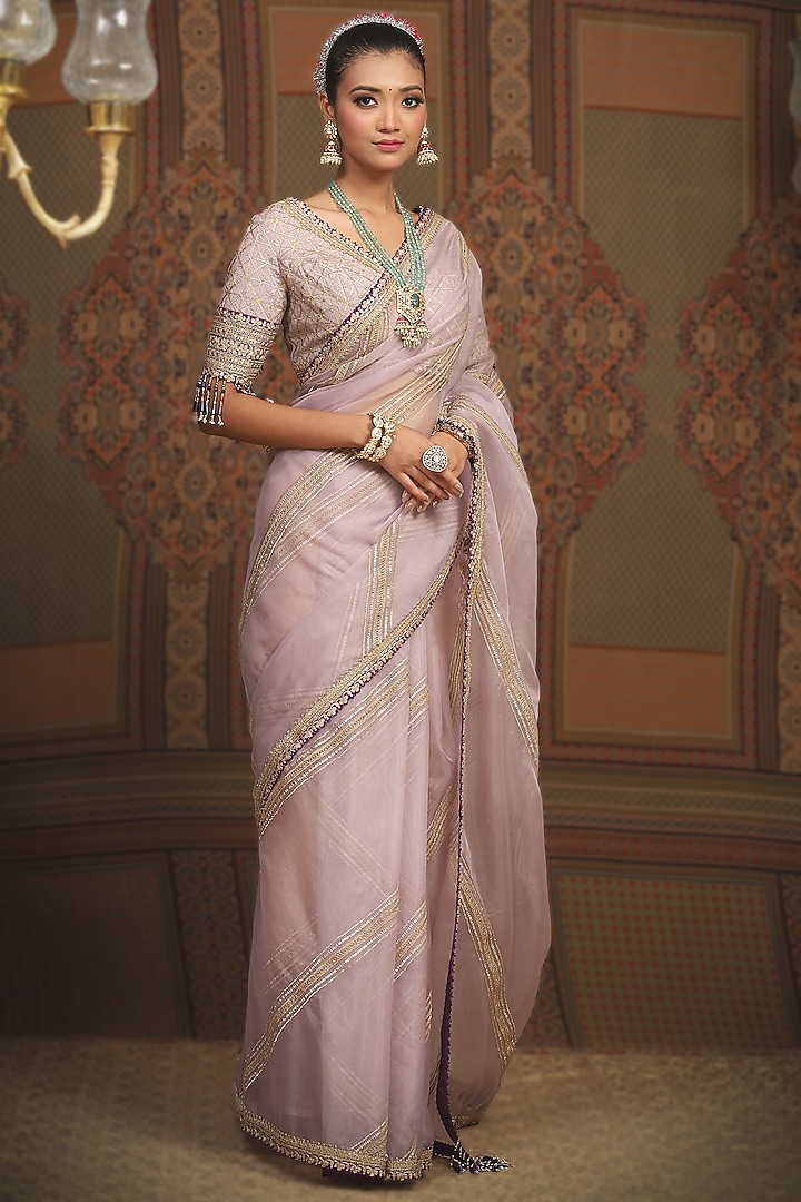 Light Purple Silk Organza Gota & Dori Embroidered Leheriya Wedding Saree Set by Shikhar Sharma at Pernia's Pop Up Shop