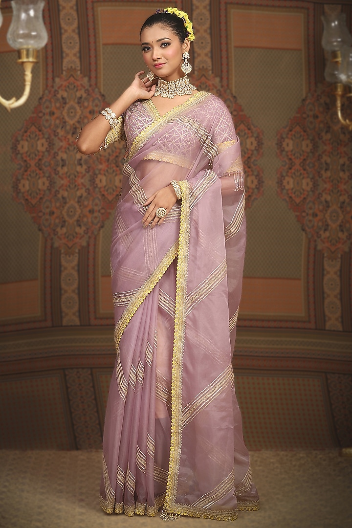 Lavender Silk Organza Gota & Dori Embroidered Leheriya Wedding Saree Set by Shikhar Sharma at Pernia's Pop Up Shop