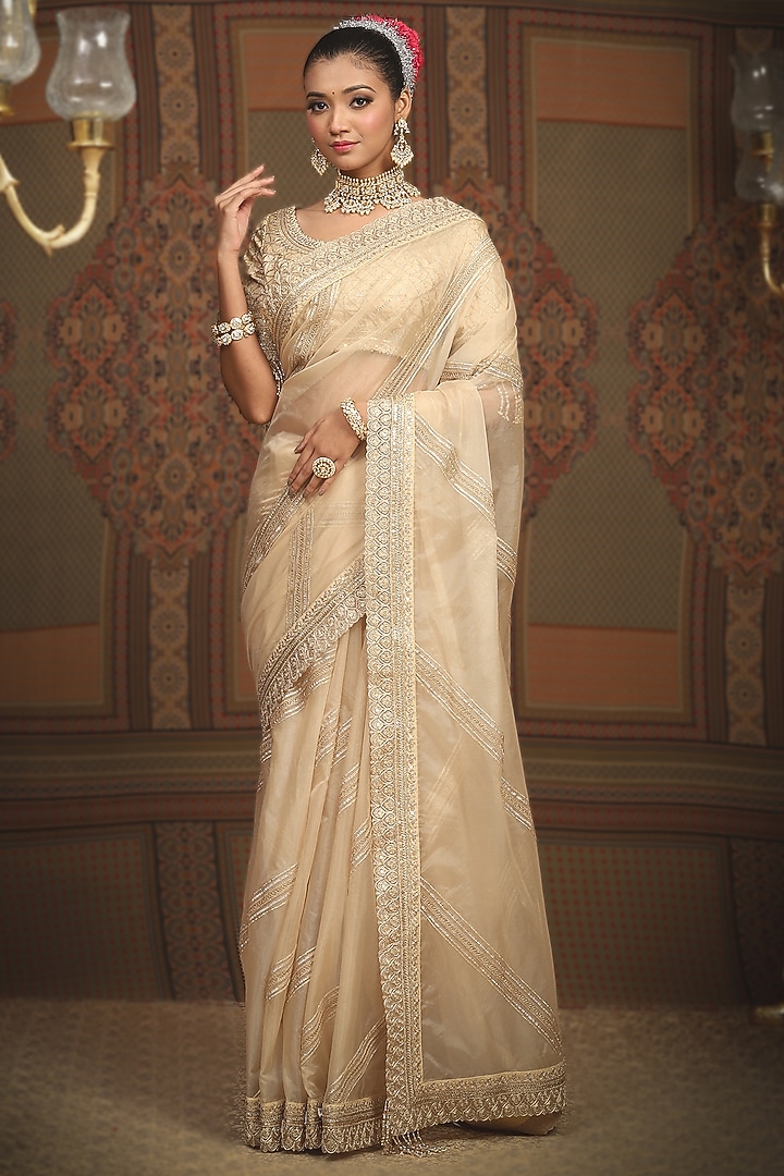 Ivory Silk Organza Gota & Dori Embroidered Leheriya Wedding Saree Set by Shikhar Sharma at Pernia's Pop Up Shop